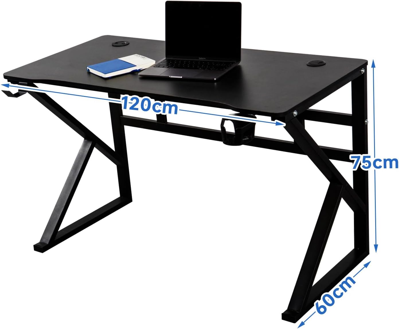 Jantens JANTENS Gaming Desk with Double-USB Charge, K-Shaped Office Table Carbon Fiber Surface, Ergonomic Table with Cup Holder, Headphone Hook, Gaming Style Table Black, GD001