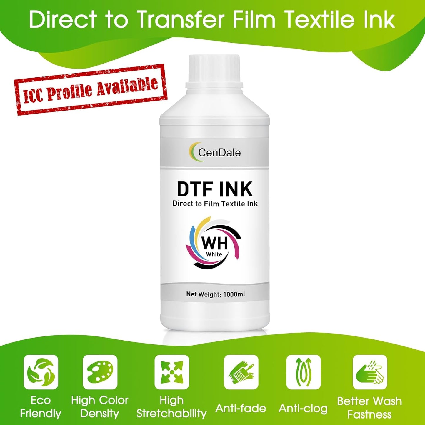 CenDale Premium DTF Ink 600ML- DTF Transfer Ink for PET Film, Refill for DTF Printers Epson ET-8550, XP-15000, L1800, L805, R1390, R2400, Heat Transfer Printing Direct to Film (100ml x 6, CMYK Wh)