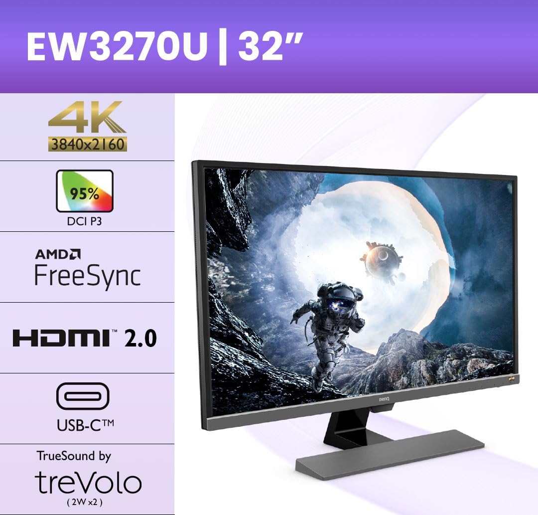 Benq Ew3270U 32 Inch 4K Uhd 3840 X 2160 Hdr Monitor Freesync Eye-Care, Anti-Glare Brightness Intelligence Plus Sensor Usb C, Dp, Hdmi Built-In Speakers, Metallic Grey, [Ew3270U] 31.5" / 4K Hdr / Usb-C