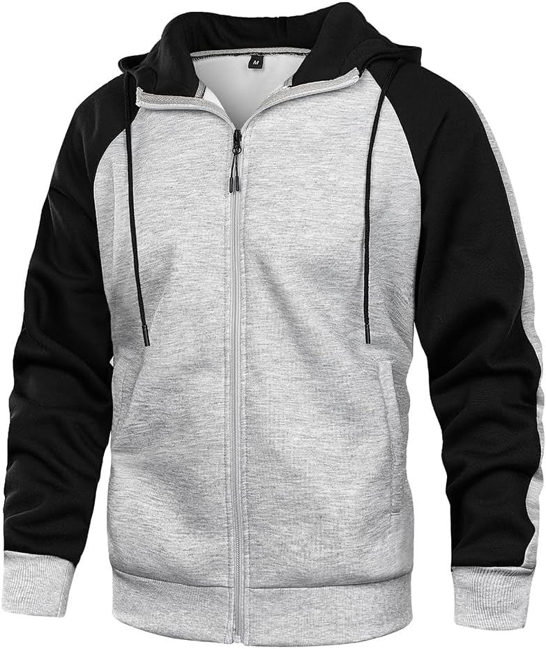 Mens Hoodies Zip Up Hoodie Patchwork Long Sleeve Fleece Jacket Work Hoodies Winter Warm Hooded Top With Pockets