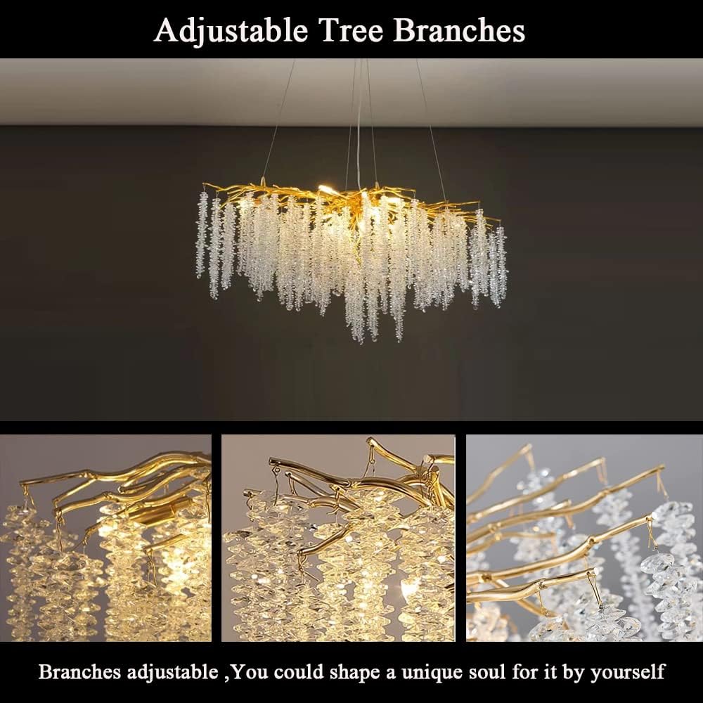 Puvaue Modern Crystal Tree Branches Chandeliers Gold Luxury Round Raindrop Pendant Light Fixture 9 Light Tassel Ceiling Hanging Light for Dining Room Bedroom Living Room Entryway 23.7"