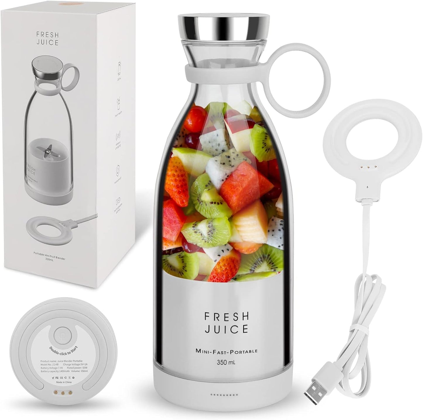 Personal Size Blender, Portable Blender, Battery Powered USB Blender Small Blender, Blender, Hand Blender, Cup Blender (White)