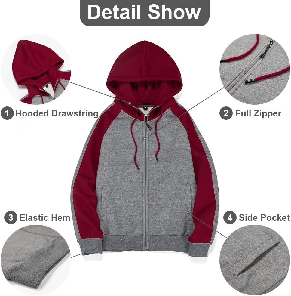 Mens Hoodies Zip Up Hoodie Patchwork Long Sleeve Fleece Jacket Work Hoodies Winter Warm Hooded Top With Pockets