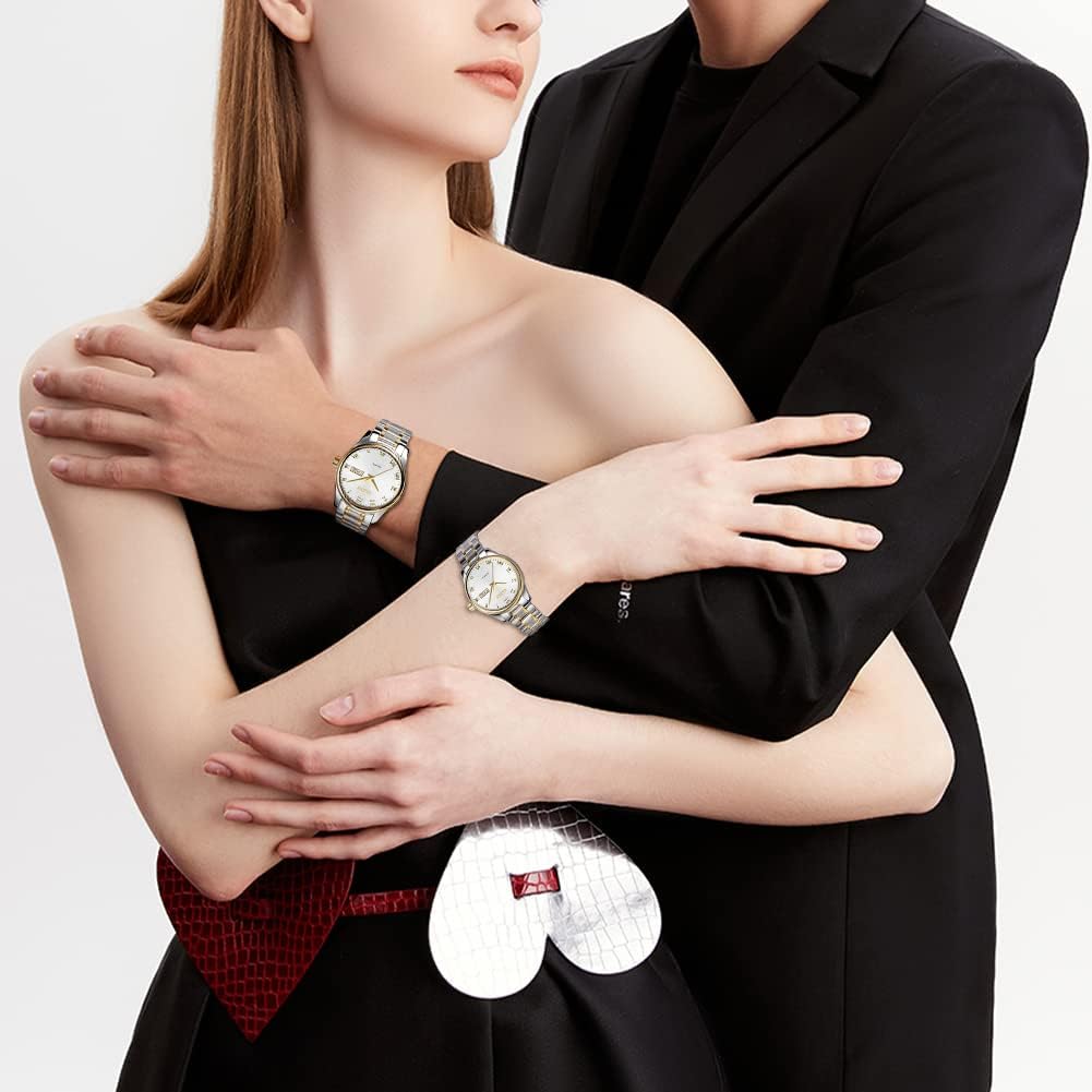 OLEVS His and Her Couple Watches Business Men Women Couple Set Pair Watch Matching Romantic Quartz Stainless Steel Waterproof Date