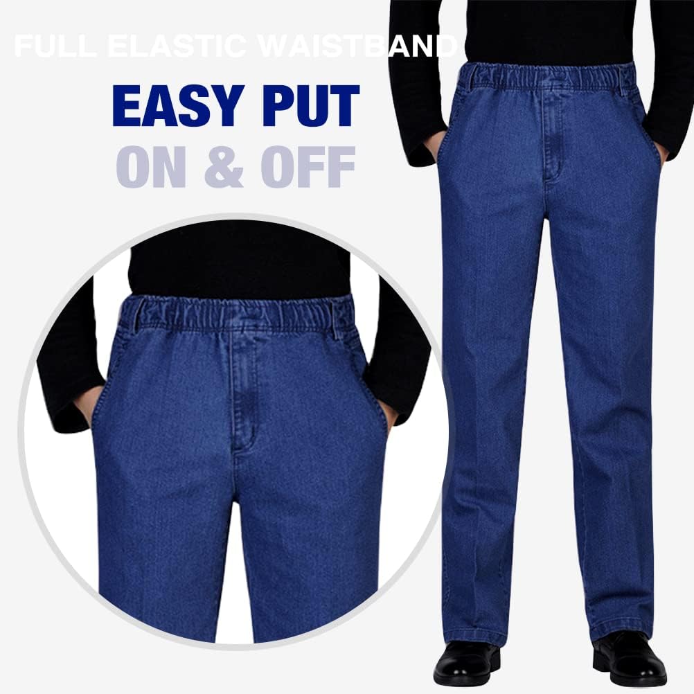 IDEALSANXUN Men’s Elastic Waist Loose Fit Denim Pants Casual Solid Jeans Trouser