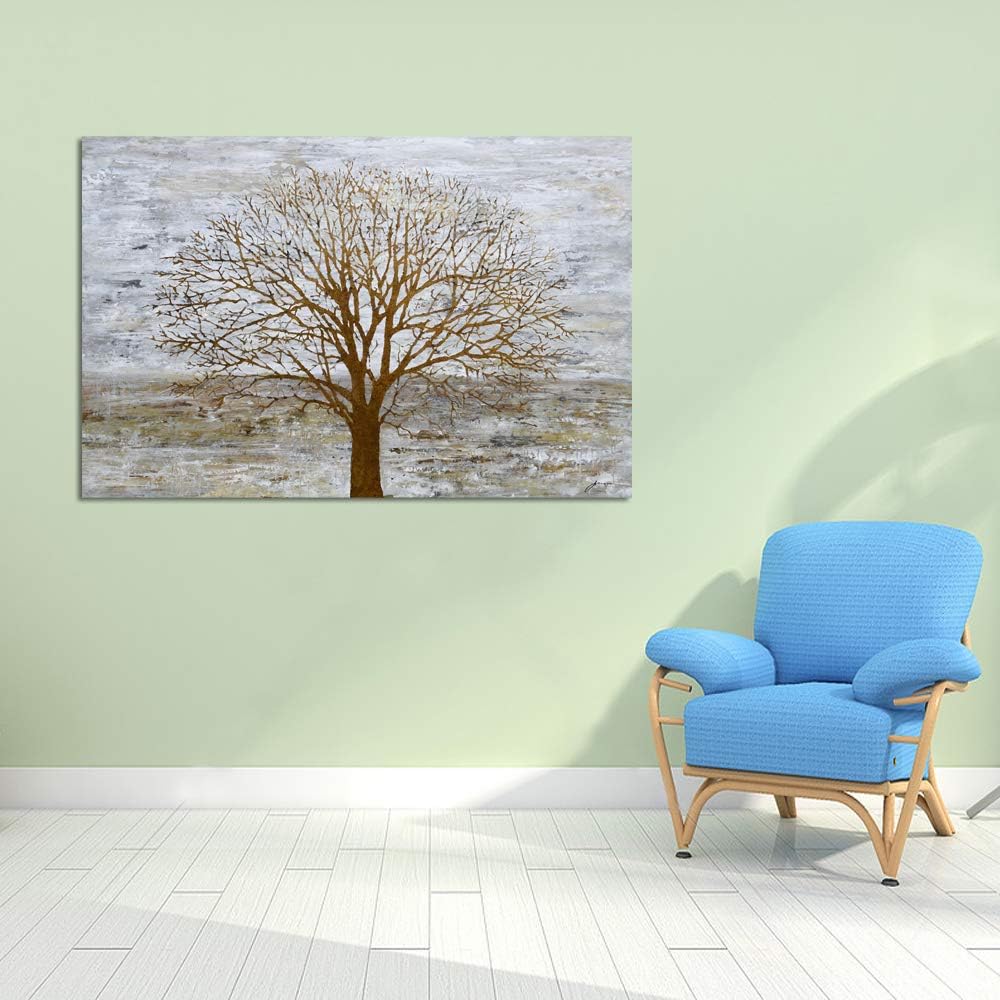 Yihui Arts Abstract Landscape Canvas Art Hand Painted 3D Tree Paintings with Gold Foil for Wall Decor Modern Artwork Pictures Living Room Bedroom Decoration