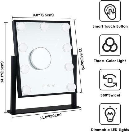 BWLLNI Lighted Makeup Mirror Hollywood Mirror Vanity Mirror with Lights, Touch Control Design 3 Colors Dimable LED Bulbs, Detachable 10X Magnification, 360°Rotation, White.