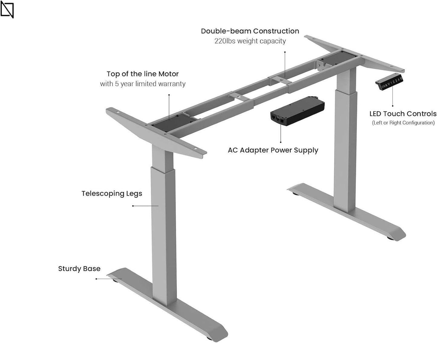 Navodesk Height Adjustable Standing Desk Workstation, Bluetooth Enabled Grey Frame + Top (White, 47 x 30 inch)