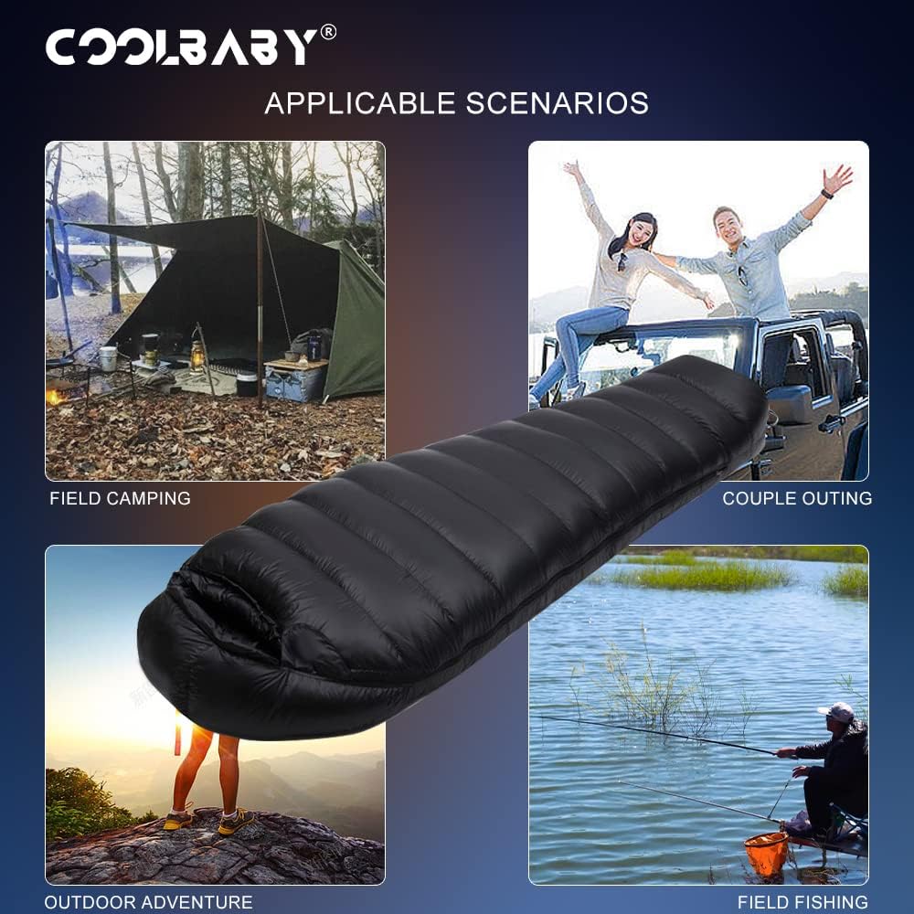 COOLBABY Ultralight Down Sleeping Bag Velvet Adult Outdoor Portable Four Seasons Warm Camping Travel Waterproof with Storage Bag,1500g Down Sleeping Bag,Black