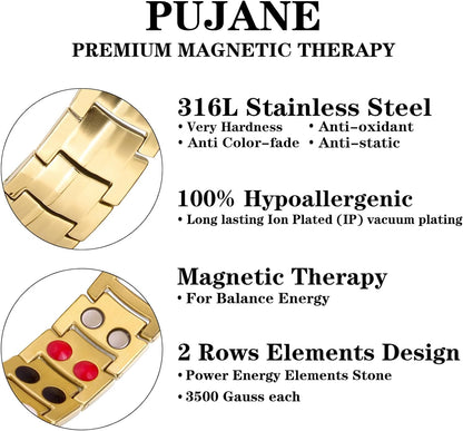 PUJANE Mens Magnetic Bracelet, 99.99% Solid Copper Double Row 46 Piece Magnets Energy Bracelets, Ultra Strength 3500 Gauss Magnetic Jewelry Gift with Adjustment Tool (Black)