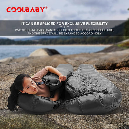 COOLBABY Ultralight Down Sleeping Bag Velvet Adult Outdoor Portable Four Seasons Warm Camping Travel Waterproof with Storage Bag,1500g Down Sleeping Bag,Black