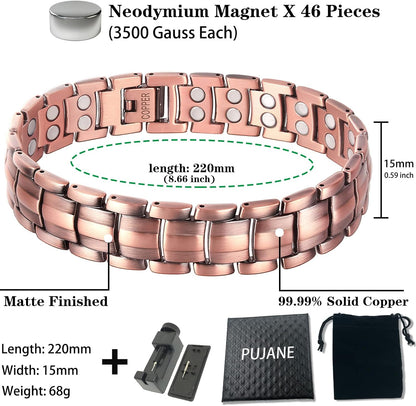 PUJANE Mens Magnetic Bracelet, 99.99% Solid Copper Double Row 46 Piece Magnets Energy Bracelets, Ultra Strength 3500 Gauss Magnetic Jewelry Gift with Adjustment Tool (Black)