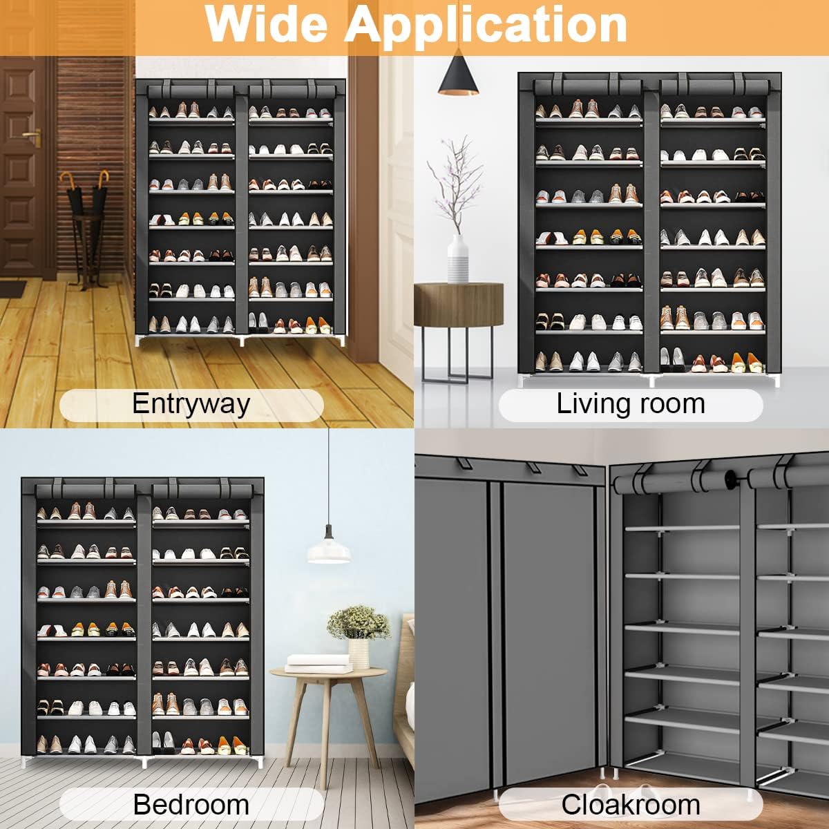 Cestbella Fabric Shoes Rack Cabinet Closet Shoe Storage Organizer with Cover Dustproof Grey 7 Layers 12 Lattices Double Row Shoe Rack for Bedroom Living Room Hallway Holds 36 Pairs Shoe 118x30x108cm