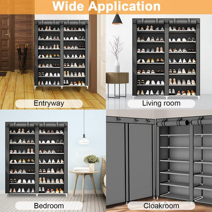 Cestbella Fabric Shoes Rack Cabinet Closet Shoe Storage Organizer with Cover Dustproof Grey 7 Layers 12 Lattices Double Row Shoe Rack for Bedroom Living Room Hallway Holds 36 Pairs Shoe 118x30x108cm