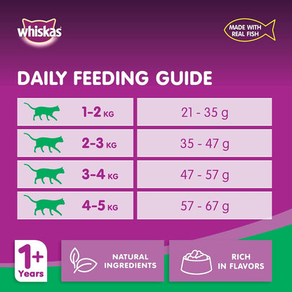 Whiskas Ocean Fish Dry Food, for Adult Cats 1+ Years, Formulated to Help Cats Maintain a Healthy Digestive Tract and Sustain a Healthy Weight, Complete Nutrition & Great Taste, Case of 15x480g