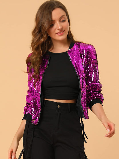 Allegra K Women's Halloween Sequin Sparkle Long Sleeve Zipper Bomber Jacket