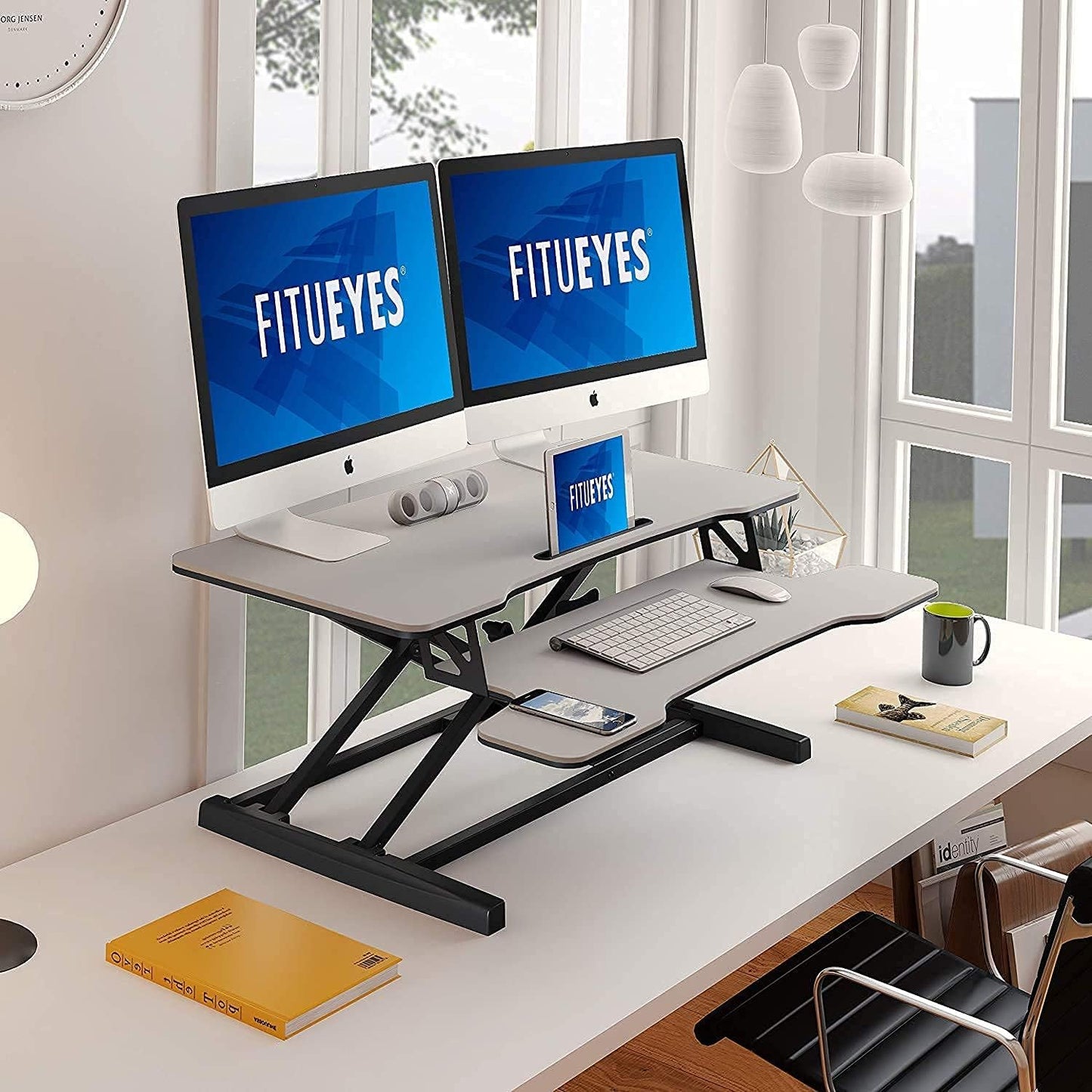 FITUEYES Height Adjustable Standing Desk 36â€ Wide Sit to Stand Converter Stand Up Desk Tabletop Workstation for Laptops Dual Monitor Riser Black SD309101WB