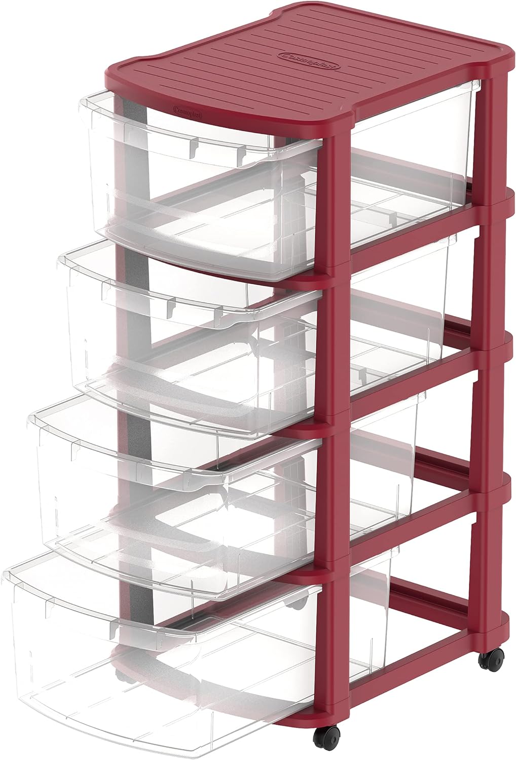 Cosmoplast 3 Tiers Multipurpose Storage Cabinet With Wheels, Dark Red With Translucent Drawers