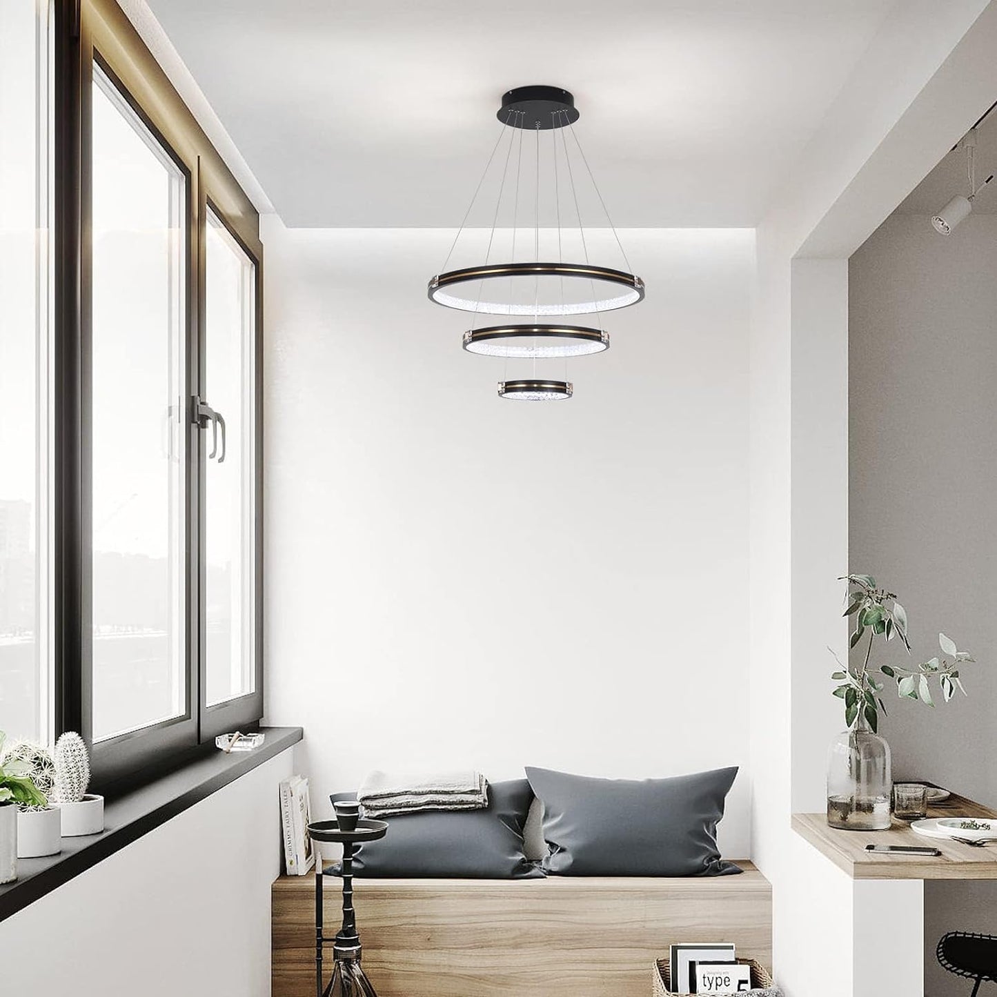 Garwarm Modern LED Pendant Light, 3 Rings Dimmable Contemporary Chandelier, 76W Acrylic Black Circular Hanging Lighting Fixture for Living Dining Room Entryway Foyer Staircase(Φ7.87+15.74"+23.62")