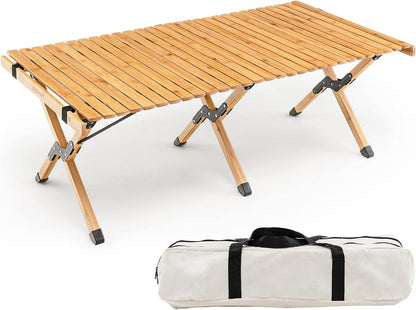 AUTOYSUR Folding Wooden Camping Table Portable Picnic Table w/Carry Bag Roll-up Bamboo Tabletop Outdoor Travel Camping Table (Coffee)