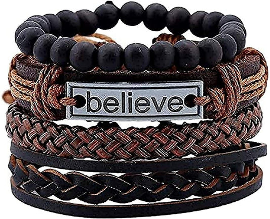 DAYONG Mixed Wrap Leather Wristbands Bracelets and Wood Beads Weave Bracelet Set for Men Women Adjustable 4Pcs Beads Braided Leather Believe Charm Bracelet for Men