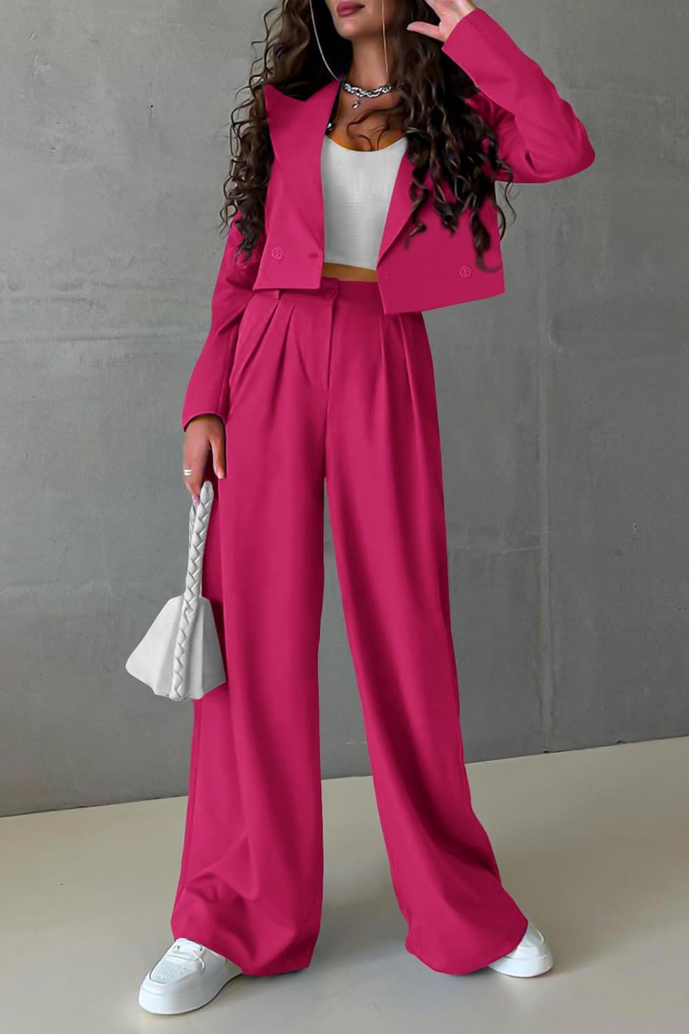 PRETTYGARDEN Women's 2 Piece Casual Outfits Cropped Blazer Jackets High Waisted Wide Leg Work Pants Suit Set