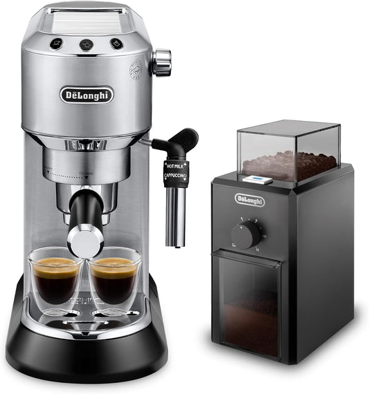 De'Longhi Dedica Pump Espresso Manual Coffee Machine with FREE Electric Coffee Grinder | Cappuccino, Latte, Milk Frother | Stainless Steel Grinding Blade With 12 Settings | EC685.M+KG79 (Metal)