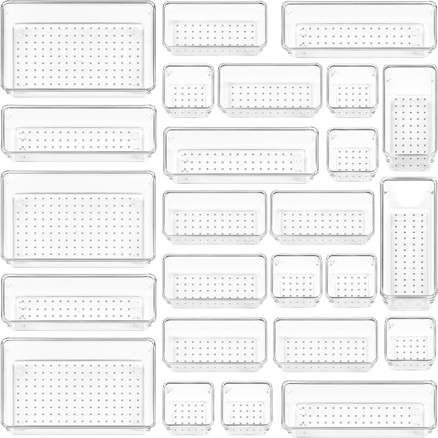 Clear Plastic Drawer Organizers Set - 25 PCS, Versatile Storage Bins for Makeup, Bedroom, Kitchen Gadgets, Utensils, and Office - 4 Sizes Included