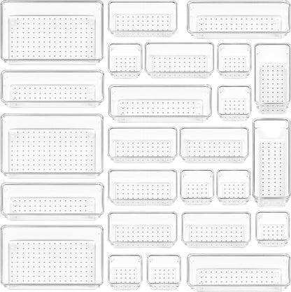 Clear Plastic Drawer Organizers Set - 25 PCS, Versatile Storage Bins for Makeup, Bedroom, Kitchen Gadgets, Utensils, and Office - 4 Sizes Included