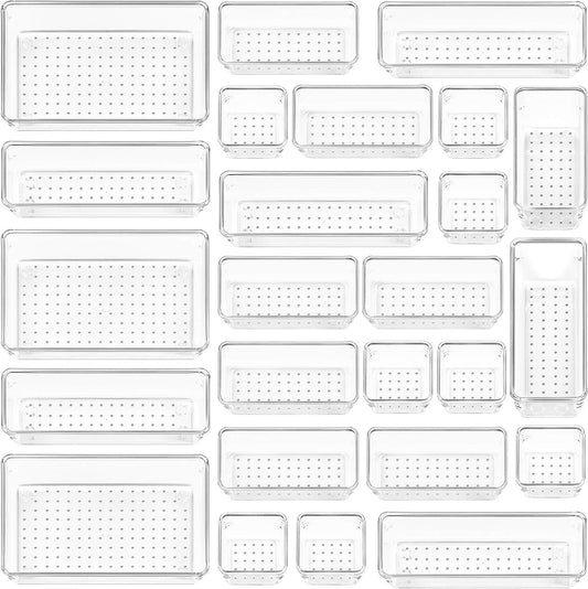 Clear Plastic Drawer Organizers Set - 25 PCS, Versatile Storage Bins for Makeup, Bedroom, Kitchen Gadgets, Utensils, and Office - 4 Sizes Included