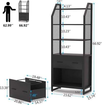 Tribesigns 2 Drawer File Cabinet with Bookshelf, Modern Vertical Filing Cabinet for Letter/Legal/A4 Size File, Large Printer Stand with Open Storage Shelves for Home Office, Black