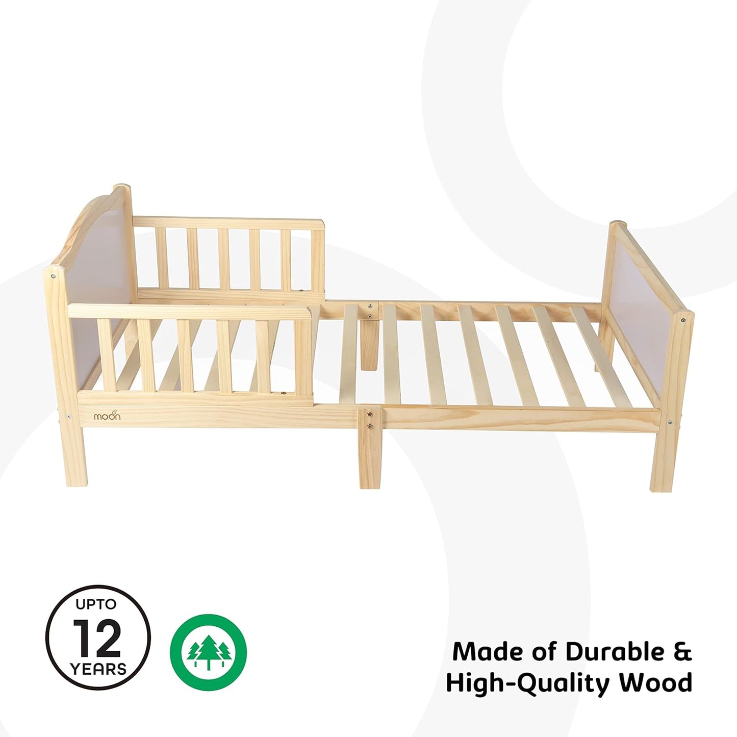 MOON Wooden Toddler Bed(143 x 73 x 60), with safety guard rail, stylish and durable,Environment-friendly, Durable and Decay resistant,Scratch-free, upto 50kg |3-12years|- Natural wood