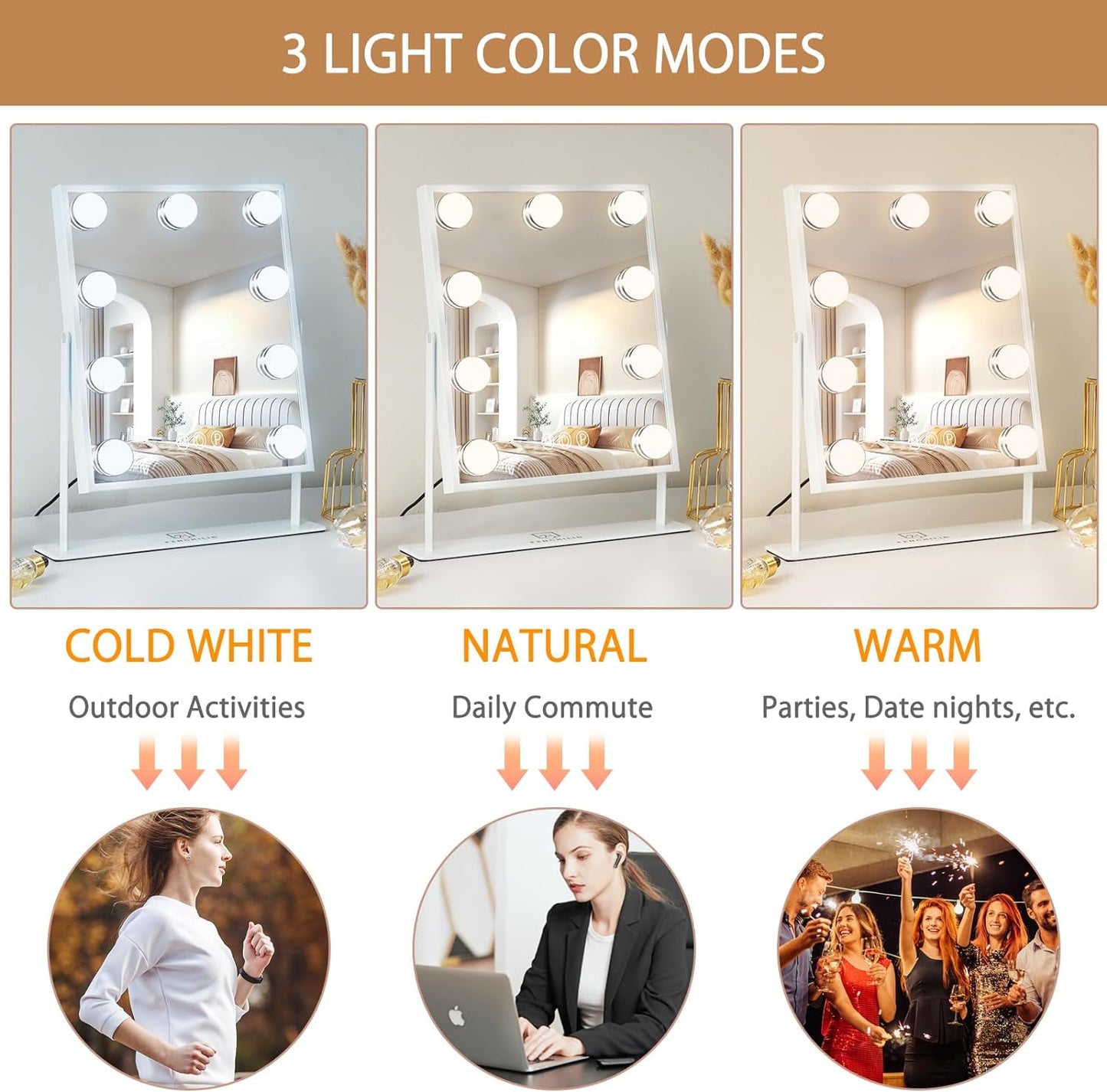 FENCHILIN White Hollywood Vanity Mirror with Lights 9 Dimmable Bulbs Wireless Charger Bluetooth Speaker Makeup Mirror with Smart Touch Control for Glam Room Bedroom Detachable 10X Magnification…