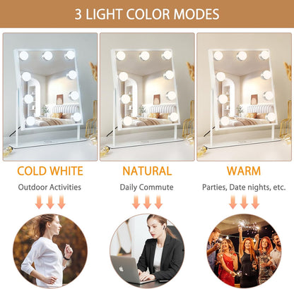 FENCHILIN White Hollywood Vanity Mirror with Lights 9 Dimmable Bulbs Wireless Charger Bluetooth Speaker Makeup Mirror with Smart Touch Control for Glam Room Bedroom Detachable 10X Magnification…