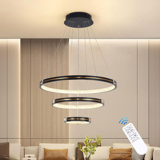 Garwarm Modern LED Pendant Light, 3 Rings Dimmable Contemporary Chandelier, 76W Acrylic Black Circular Hanging Lighting Fixture for Living Dining Room Entryway Foyer Staircase(Φ7.87+15.74"+23.62")