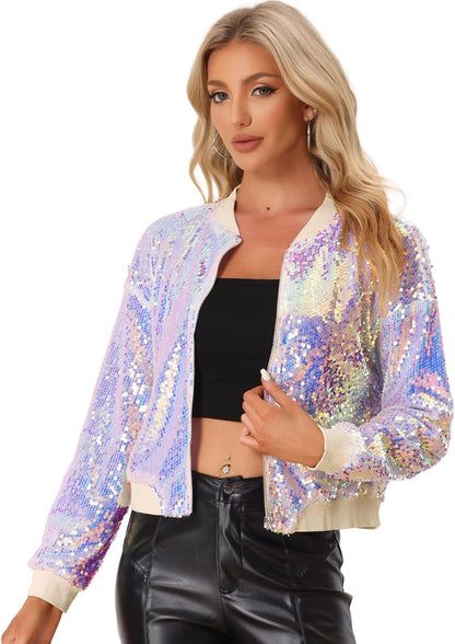 Allegra K Women's Halloween Sequin Sparkle Long Sleeve Zipper Bomber Jacket