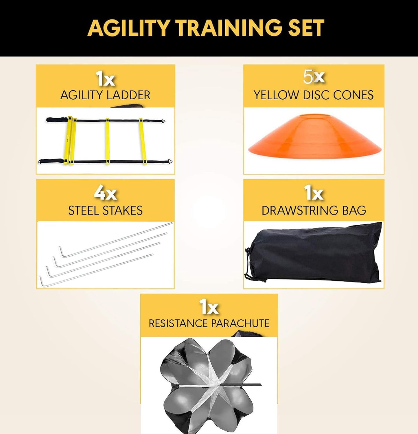 Speed Agility Training Kit—Includes Agility Ladder with Carrying Bag, 5 Disc Cones, Resistance Parachute.Use Equipment to Improve Footwork Any Sport.