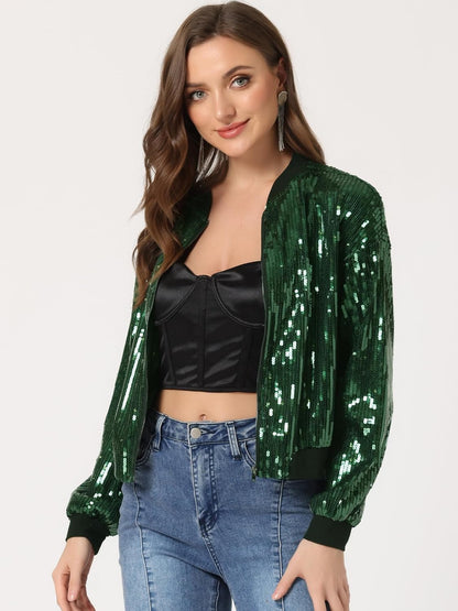 Allegra K Women's Halloween Sequin Sparkle Long Sleeve Zipper Bomber Jacket