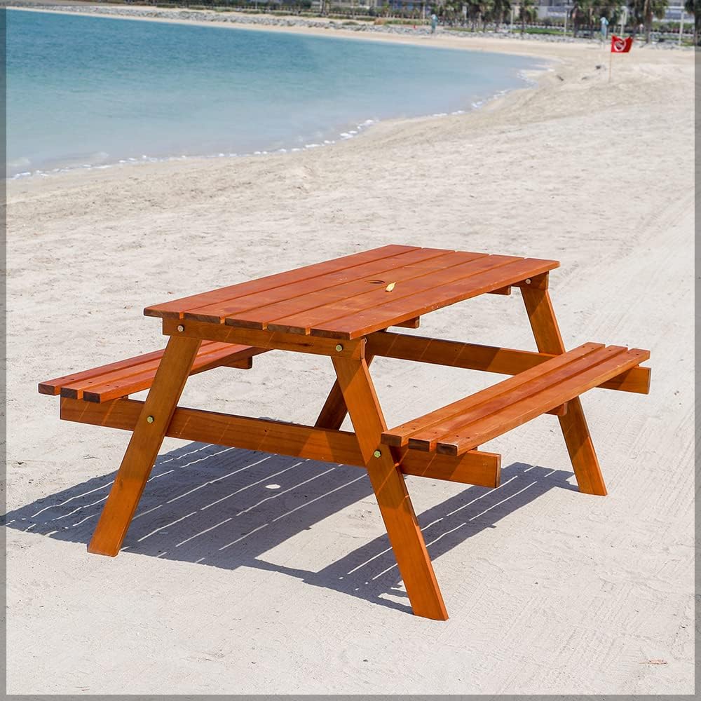 Yatai Outdoor Acacia Wood Table & Bench Set With Umbrella Hole, Kids Backyard Furniture A-shape frame Bench Outdoor Backyard Garden Furniture Picnic table