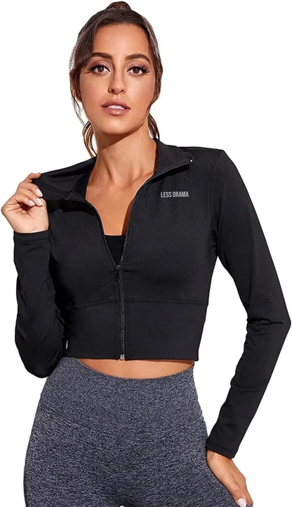 LESS DRAMA Women’s Cropped Jacket Fitness Yoga Sports Workout Top with Thumb Holes