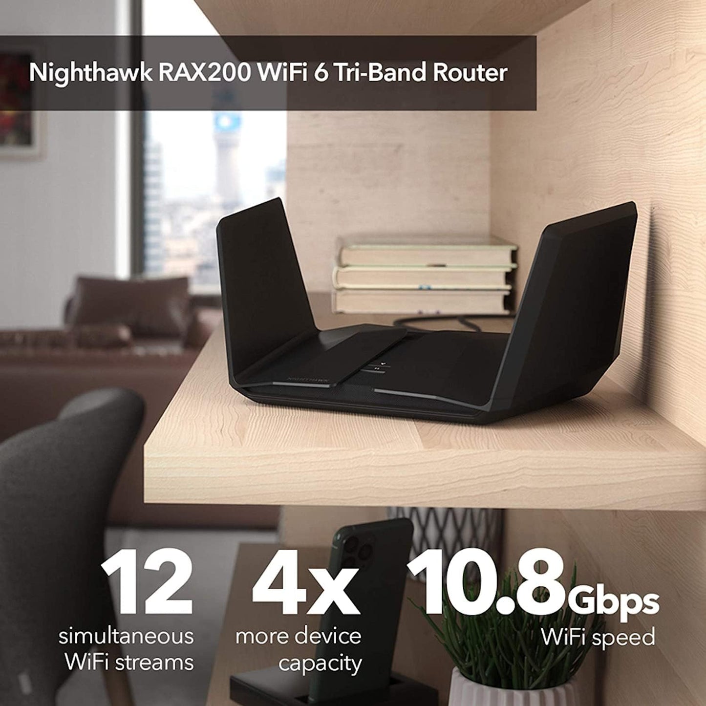 Netgear RAX200-100EUS Nighthawk AX12 12-Stream Wifi 6 Router (RAX200) - AX11000 Tri-Band Wireless Speed (Up to 10.8 Gbps), 1 x 2.5G Ethernet Ports, 2 x 3.0 USB - Black