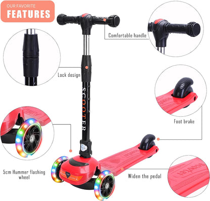 Beauenty 3 Wheel Kids Scooter, Flashing Wheels Scooter for Kids, 4 Height Adjustable Kids Toys for Age 3-13 Years Old Boys Girls, Easy Folding for Carrying Outdoor