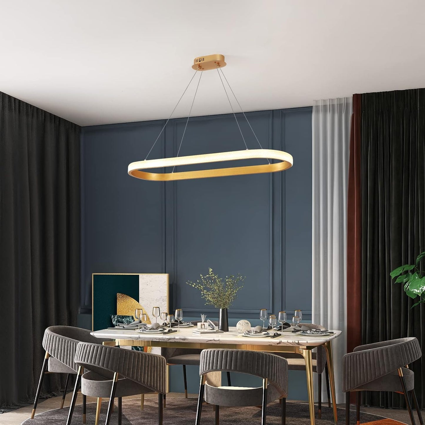 YATAI Modern Oval LED Chandelier Dining Room, Gold Acrylic Chandelier Light for Kitchen Island Table, Study, Dimmable & Height Adjustable Chandeliers lamp