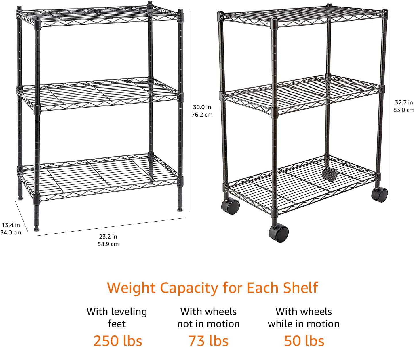 Amazon Basics 3-Shelf Adjustable, Heavy Duty Storage Shelving Unit on 10 cm Wheel Casters, Metal Organizer Wire Rack, Black, 34.03 L x 58.92 W x 76.2 H centimeters