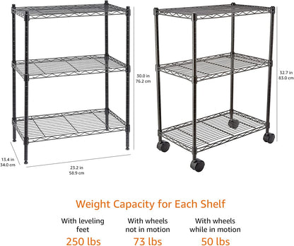 Amazon Basics 3-Shelf Adjustable, Heavy Duty Storage Shelving Unit on 10 cm Wheel Casters, Metal Organizer Wire Rack, Black, 34.03 L x 58.92 W x 76.2 H centimeters