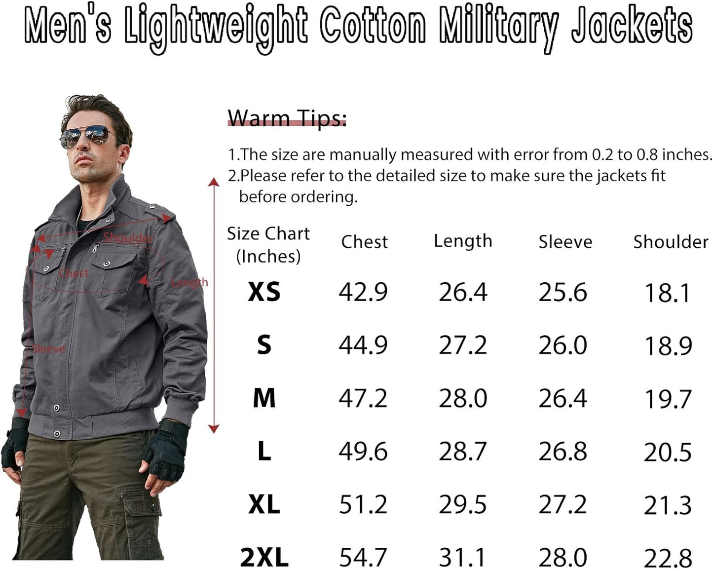 Men's Military Jacket Cargo Casual Coat Lightweight Outwear Cotton Stand Collar Windbreaker