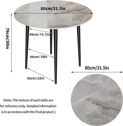 Kitchen Dining Table Round 80CM: Modern Sintered Stone Marble Effect Table Top with Tapered Metal Legs Breakfast Banquet Table for Dining Room, Restaurant, Living Room Furniture, 76cm Height, Grey