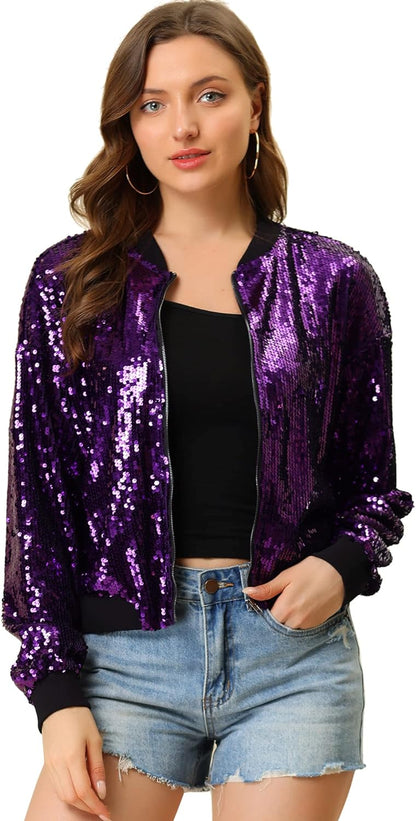 Allegra K Women's Halloween Sequin Sparkle Long Sleeve Zipper Bomber Jacket