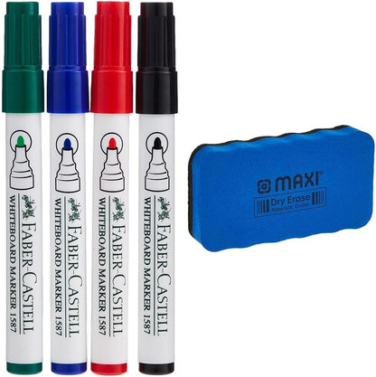 Faber-Castell Whiteboard Marker Bullet Set Of 4Pc + Duster, ASSORTED, 1587D