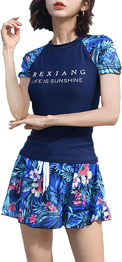 Women Two Piece Rash Guard Printed Swimsuit UV UPF 50+ Swim Shirt Bathing Suit with Retro Swimdress